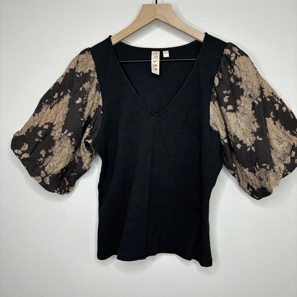 DOLAN Anthropologie Top Rib Knit Lace Puff Sleeve Romantic Cottage Black Small